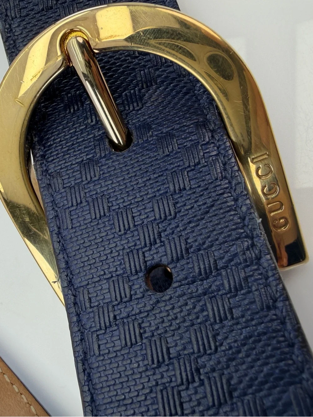 Gucci Navy Diamanté Leather Belt with Gold-Tone Buckle 354382 85/34